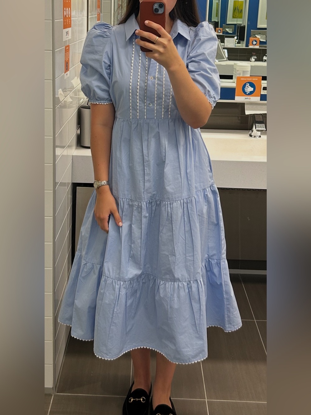 Gretchen Scott Designs Light Blue Puff Sleeve Tiered Midi Dress
